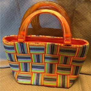Colorful Woven Tote with Acrylic Orange Handles made in Italy